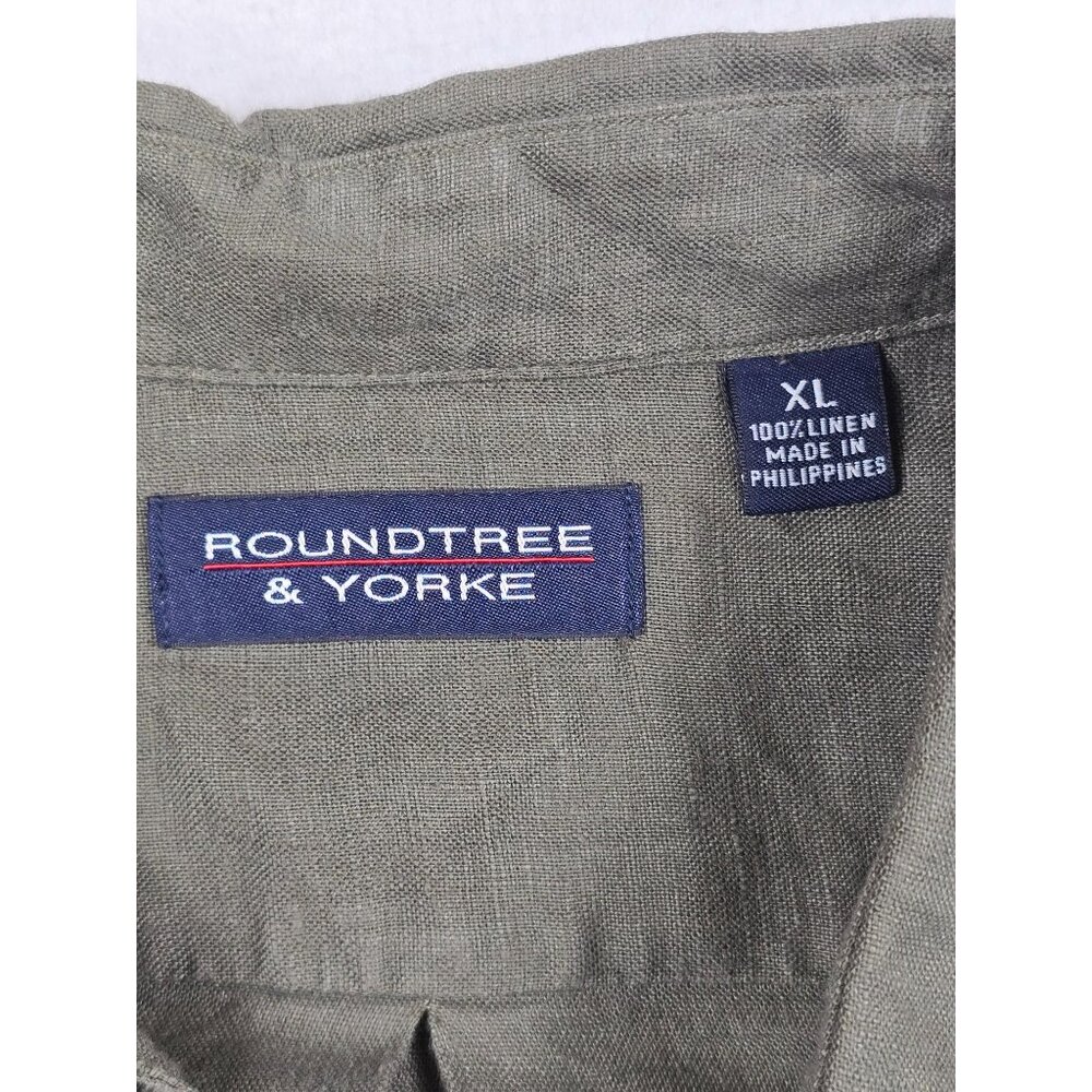 Roundtree & Yorke Mens XL 100% Linen Button-Up Shirt Olive Green Short Sleeve - Picture 2 of 3